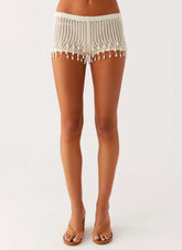 Pearl Shore Beaded Crochet Mini Shorts - Ivory